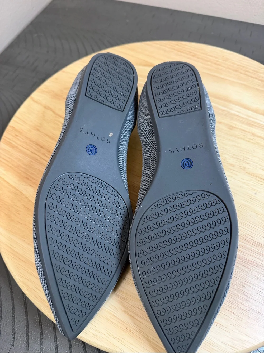 Rothy's Gray Pointed Knit Flats with Blue Trim
